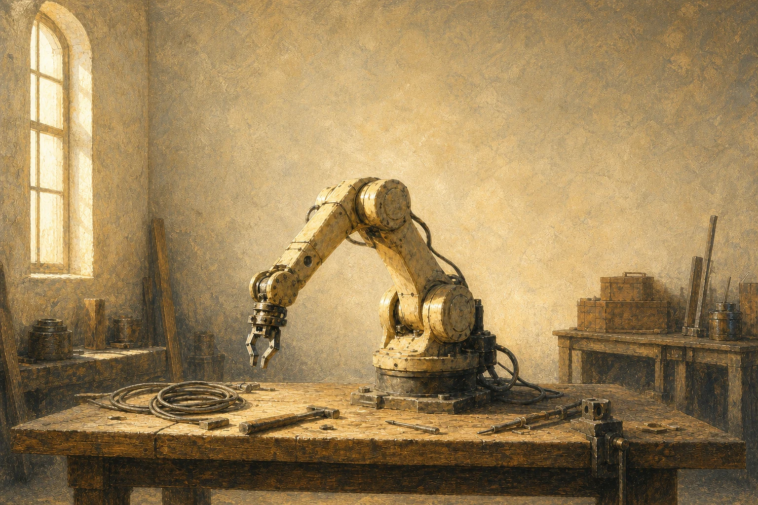 Industrial robot arm resting on a workshop bench.